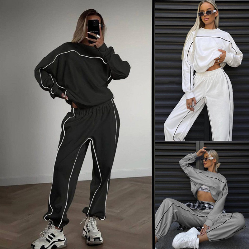 2025欧美街头女时尚长袖线条卫衣长裤运动休闲两件套Casual suit