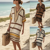 欧美亚马逊独立站数码 印花条纹V领宽松波西米亚中袖 连衣裙Dress