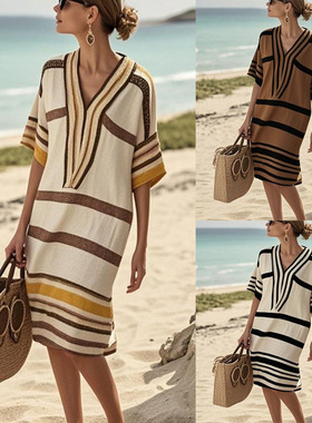 欧美亚马逊独立站数码印花条纹V领宽松波西米亚中袖连衣裙Dress