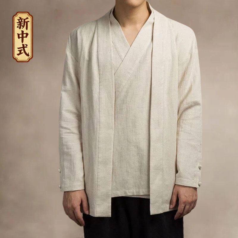 新中式棉麻男斜襟假两件开衫汉服