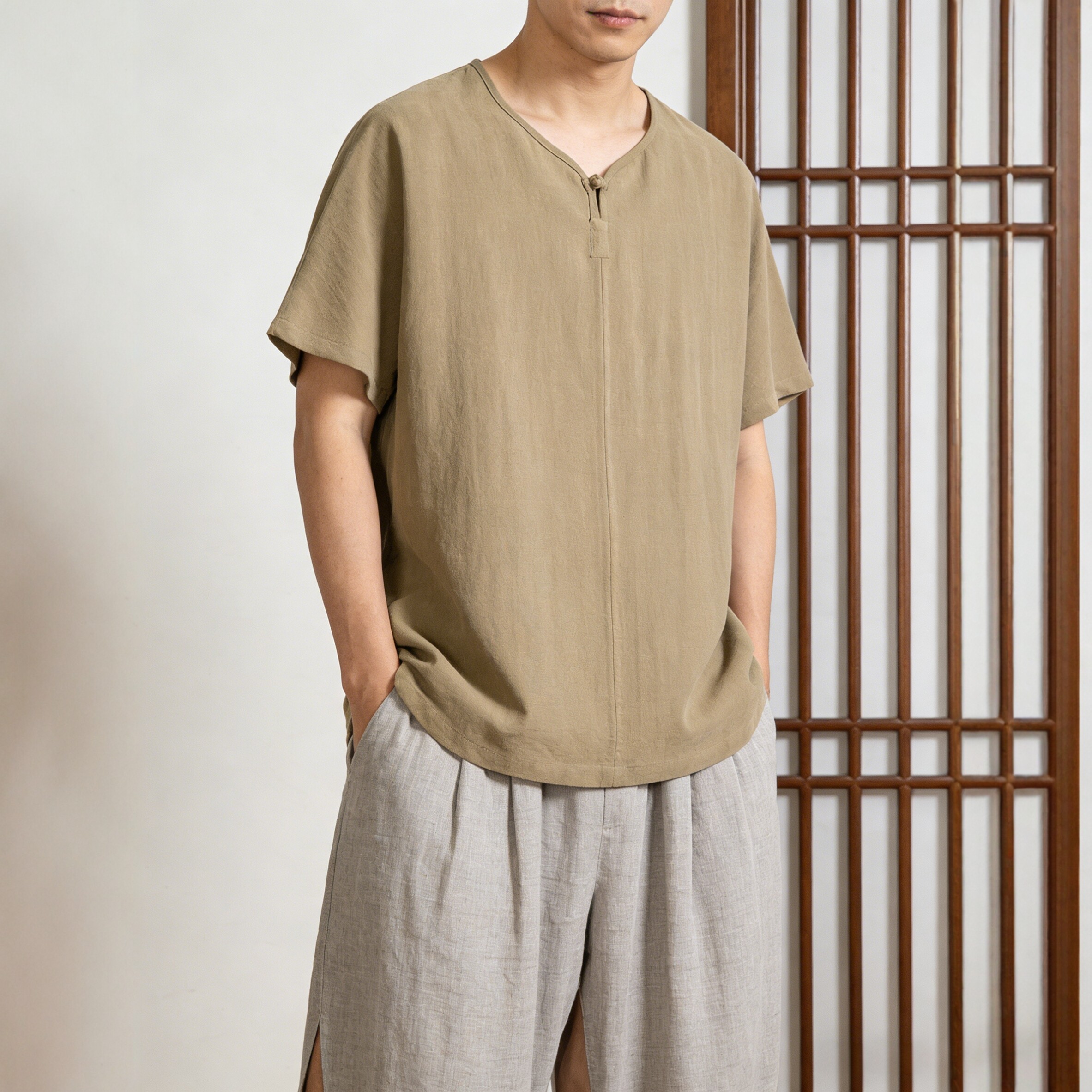 中式天丝亚麻V领男T恤夏季宽松