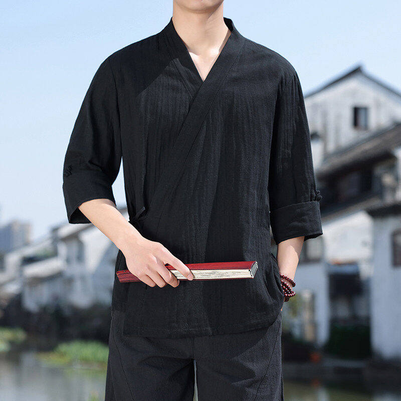 夏季薄款白色交领衬衫男七分袖斜襟汉服道袍半袖右衽茶服居士衬衣