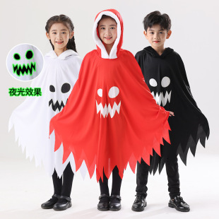 万圣节儿童服装白色黑色夜光幽灵发光鬼脸披风披肩派对装扮表演
