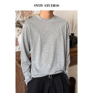 OVDY 宽松新贵抗皱垂坠百搭解构设计感静奢打底衫长袖纯色T恤男