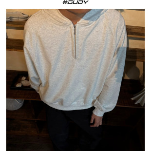 OVDY新款 boxy微宽分割连帽卫衣半拉链纯色高棉套头外套男女潮流款