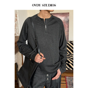 OVDY老钱风醋酸羊毛混纺半拉链长袖 T恤松弛舒适极简打底 针织衫