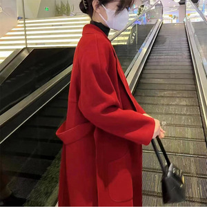 大码结婚双面绒呢大衣女胖mm200斤冬新款气质赫本风红色毛呢外套