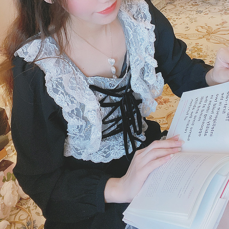 misscherry原创日系洛丽塔甜美蕾丝交叉绑带蝴蝶结长袖连衣裙