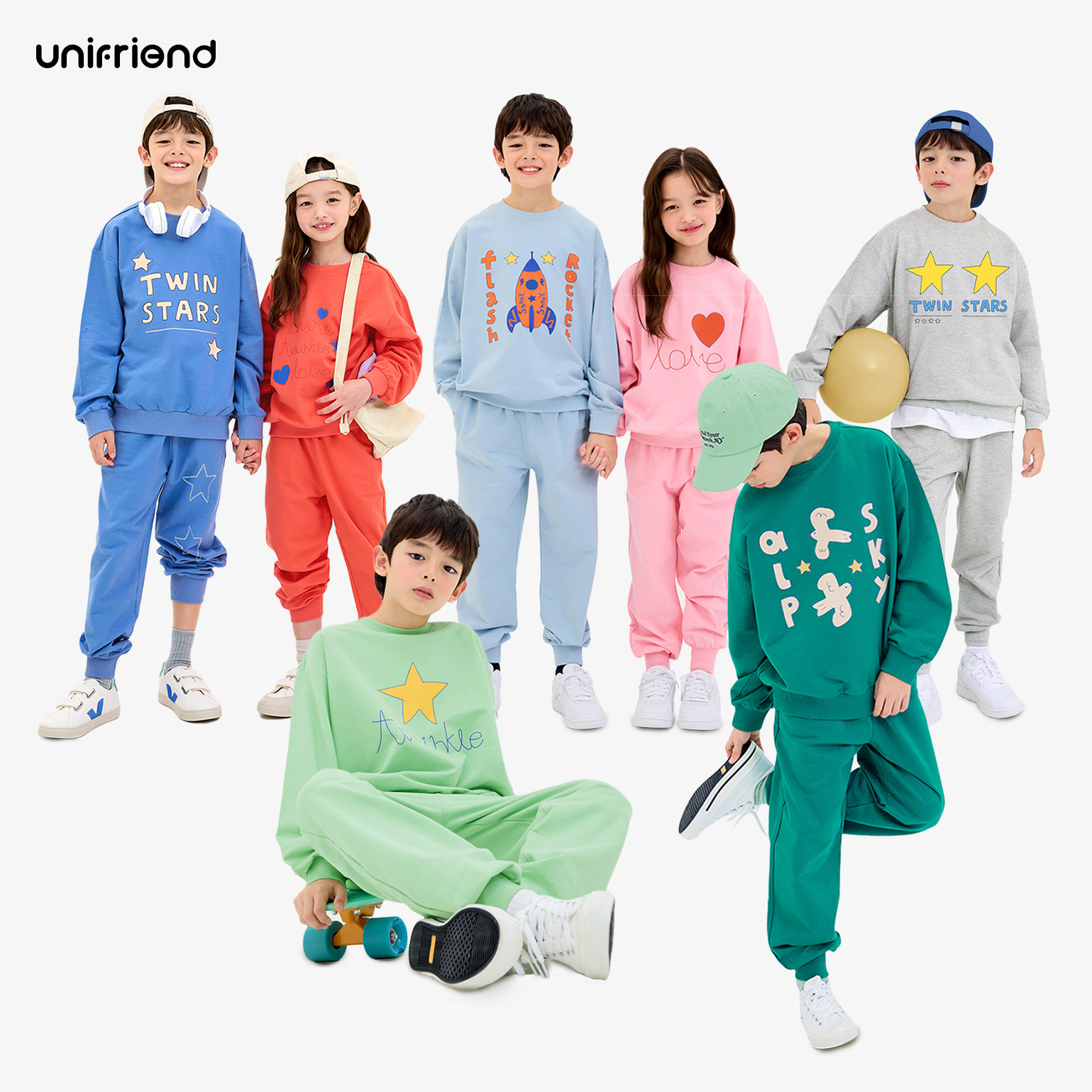 unifriend韩国春秋儿童套装卫衣卫裤宝宝圆领套头卫衣外出棉