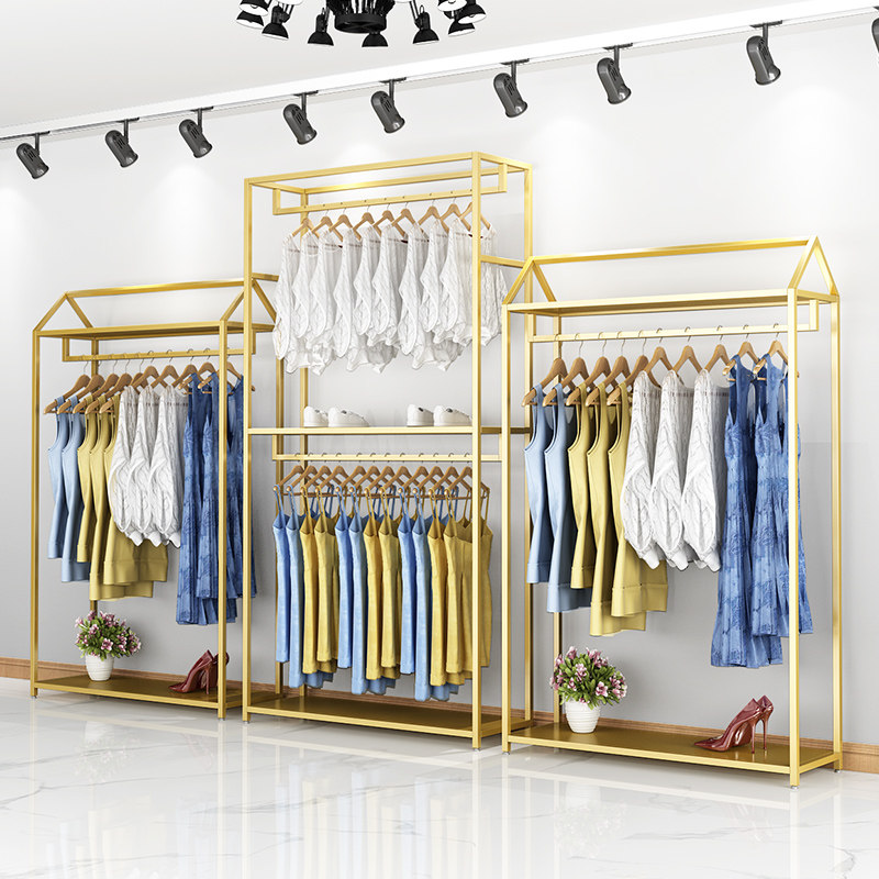 北欧金色服装店展示架落地式双层挂衣架子男女装店铺衣帽陈列货架