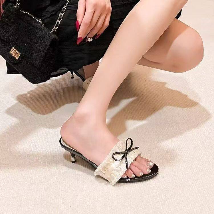 蝴蝶结小香风高跟凉拖女外穿新款夏季流苏不累脚凉鞋粗跟一字拖鞋
