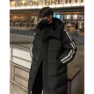 啄木鸟大码中长款条纹羽绒服男士冬季90绒加厚连帽中戏袄子外套潮