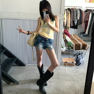 辣妹复古水洗毛边低腰牛仔超短裤 包臀热裤 女2025夏季 修身 新款 美式