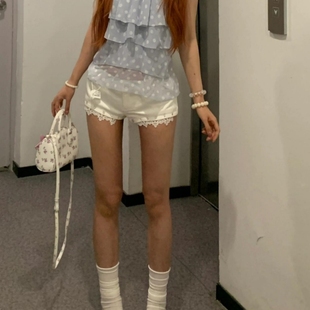 美式辣妹白色蕾丝烫钻低腰牛仔超短裤女2025春夏新款修身包臀热裤