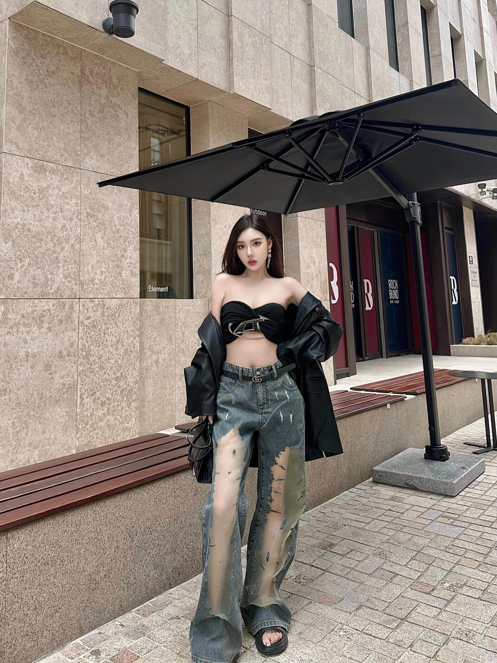AMERICAN BABES RETRO HEAVY INDUSTRY NICHE CUT-OUT STITCHED JEANS WOMENS SUMMER NEW HIGH-WAISTED SLIM WIDE-LEG TROUSERS