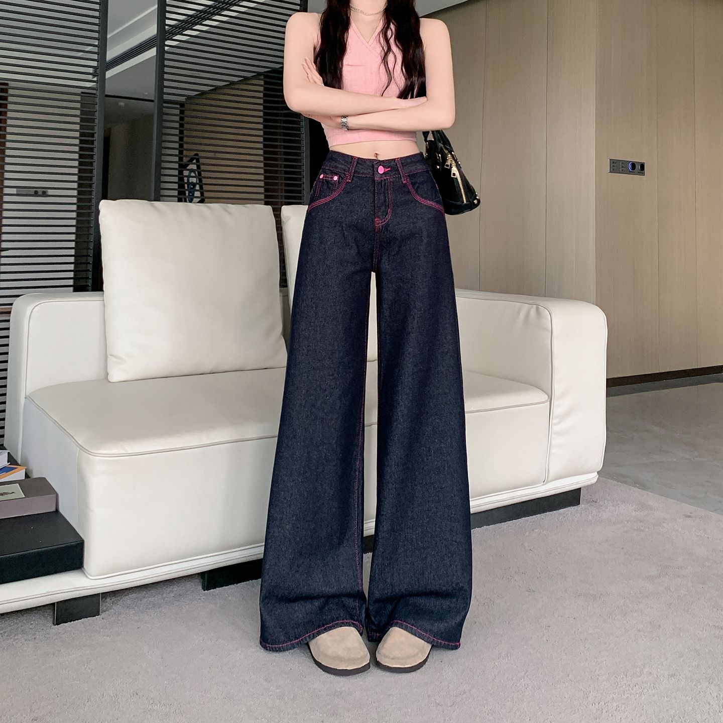 复古原色低腰阔腿微喇牛仔裤女丹宁蓝新款辣妹遮胯显瘦撞色喇叭裤