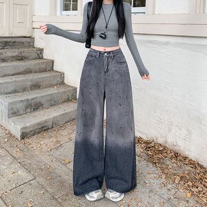 大码美式高级感泼墨拖地牛仔裤子女高腰宽松阔腿裤直筒百搭休闲裤