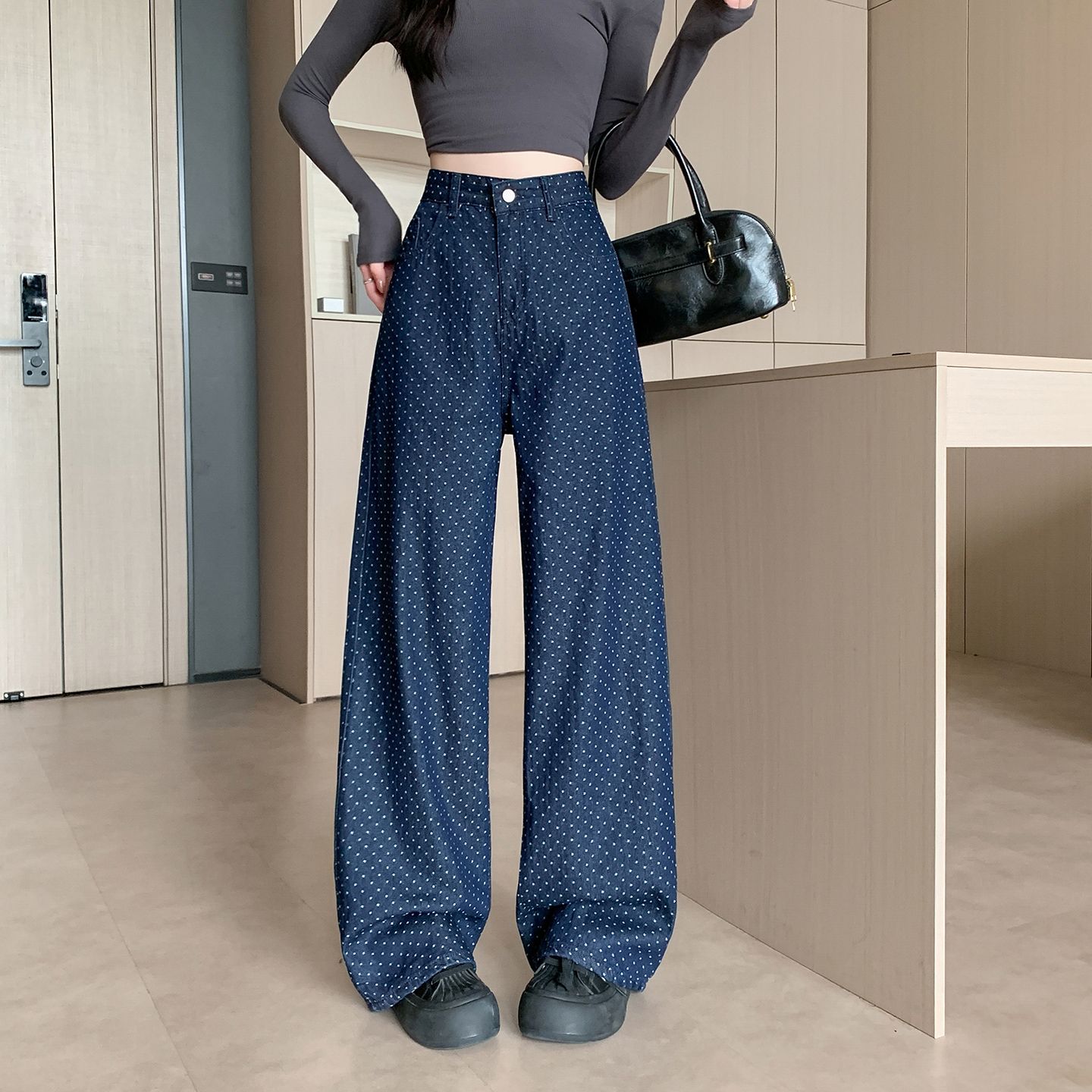 松弛日常波点牛仔裤女2026早秋新款美式穿搭设计休闲裤弯刀阔腿裤