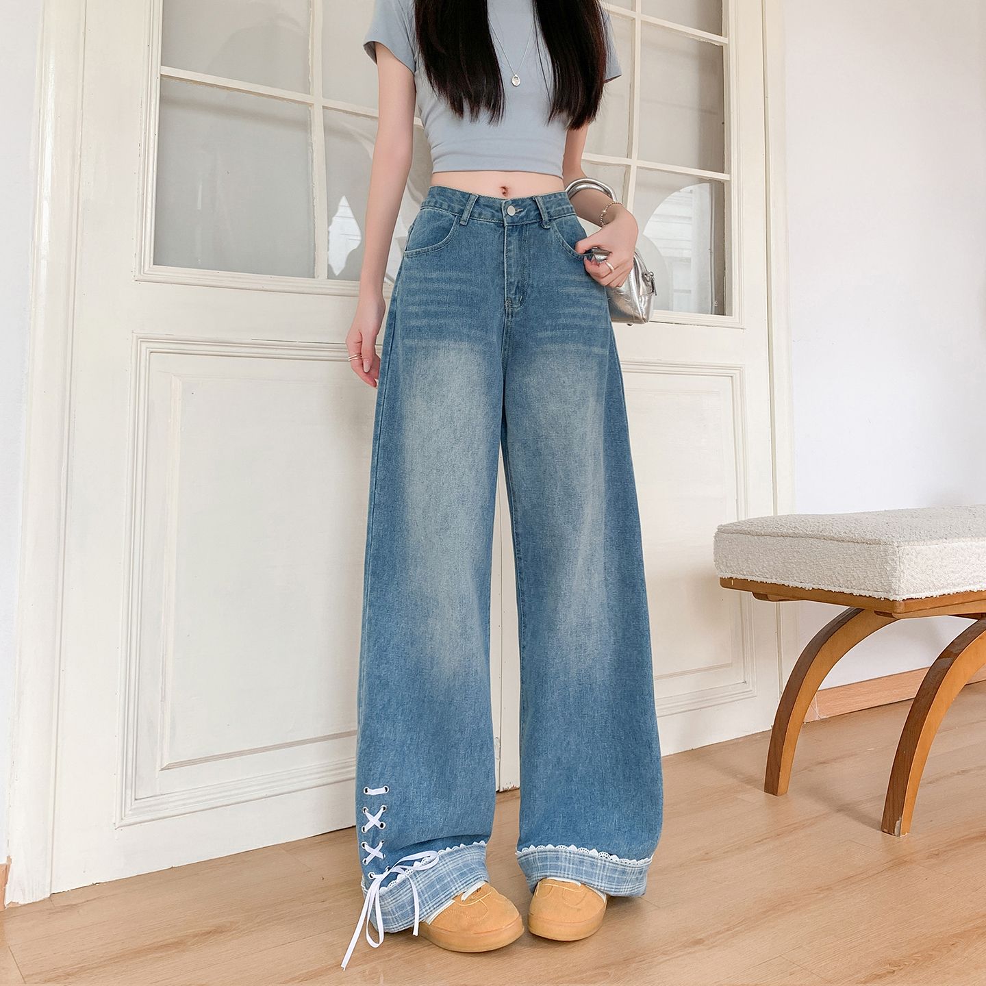 蝴蝶绑带卷边小众设计感牛仔裤女2026秋季新款宽松显瘦直筒阔腿裤