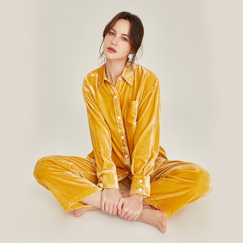 真丝丝绒睡衣女秋冬两件套