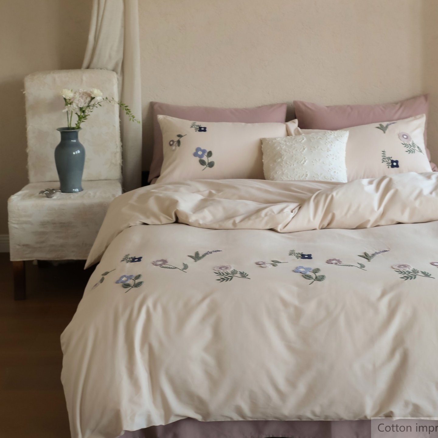 秋冬田园床上用品长绒棉纯色磨毛刺绣四件套全棉绣花保暖被套床单