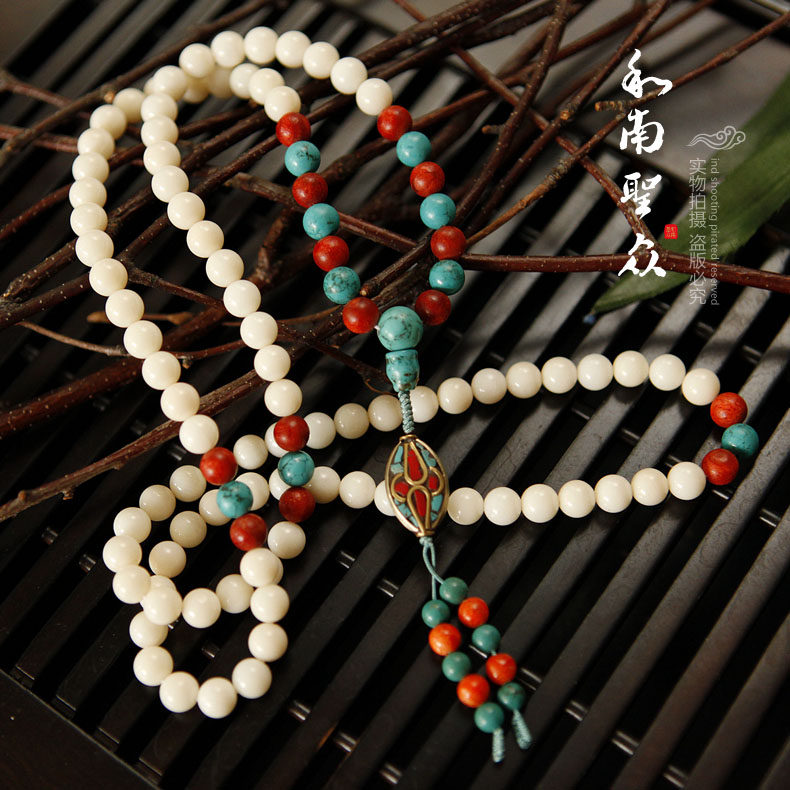 和南圣众白珊瑚手串8mm108佛珠念珠藏饰原创藏式手链女款生日礼物