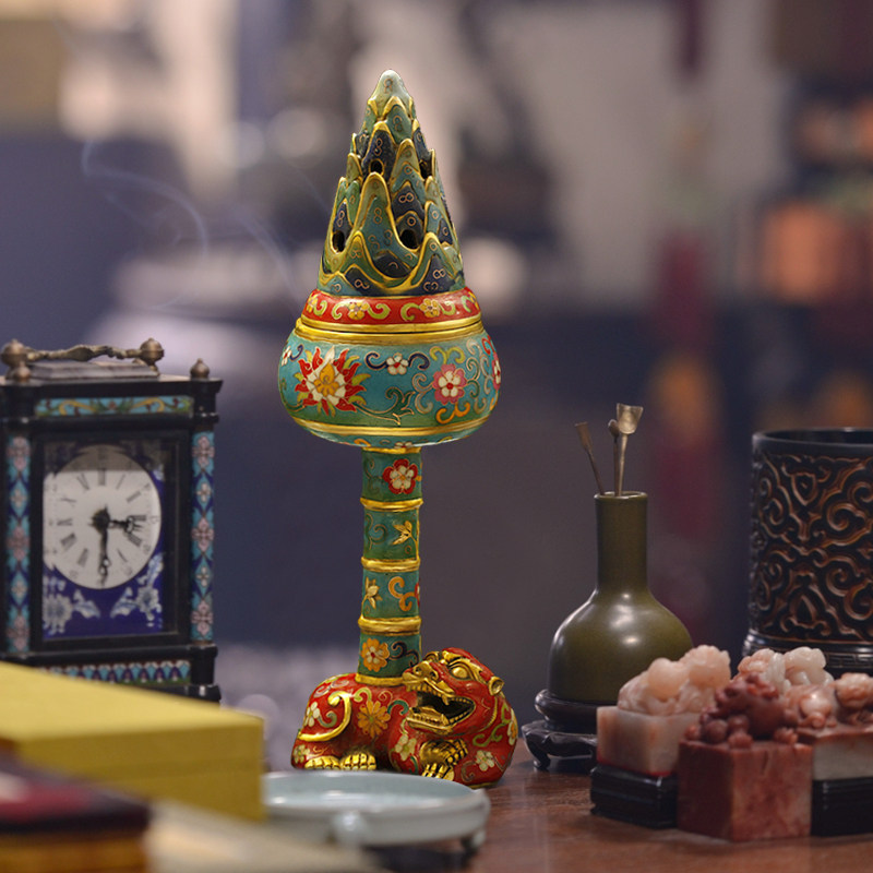 中式家居室内檀盘薰香炉仿古明清宫廷风摆件铜景泰蓝香兽博山炉