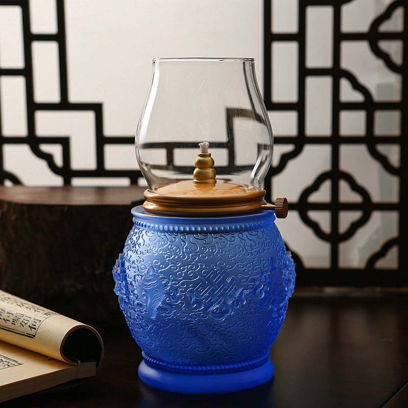 家用佛堂七宝蓝色琉璃药师佛油灯八吉祥液体酥油灯可调节长明灯