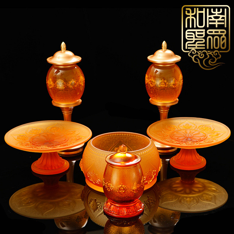 佛堂供奉七宝琉璃供具藏传密宗八吉祥香炉宫灯浮雕供果盘供水杯套