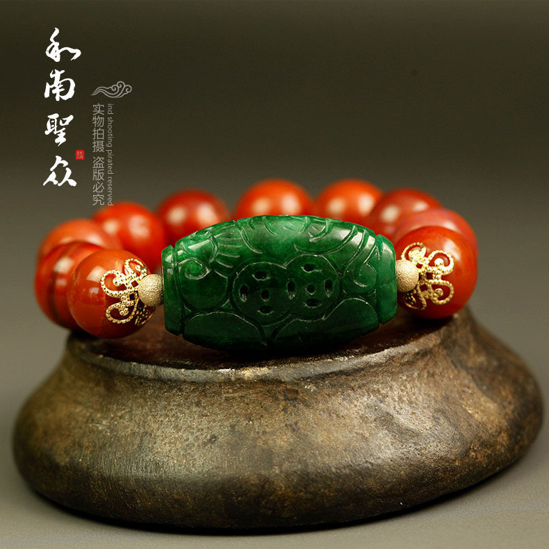 天然南红玛瑙手串15mm配铁龙干青玉雕福珠14k金隔片 大气款手链