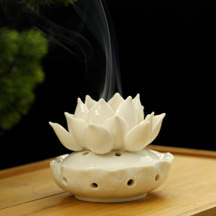 中式 家用茶室佛堂薰香烛台摆件陶瓷香熏檀香炉白瓷千叶莲花香炉