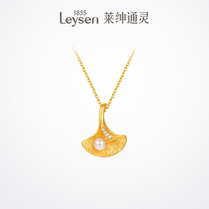 【新品】莱绅通灵盛世繁花系列  银杏 黄金足金999珍珠项链