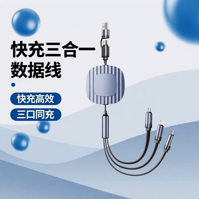 140W一拖三快充数据线三合一5A伸缩收纳type-c充电线USB-C/AtoC/L/M适用苹果华为三星小米手机平板笔记本电脑
