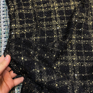小香风布料 春夏薄款 黑金 手工编织混纺粗花呢服装面料