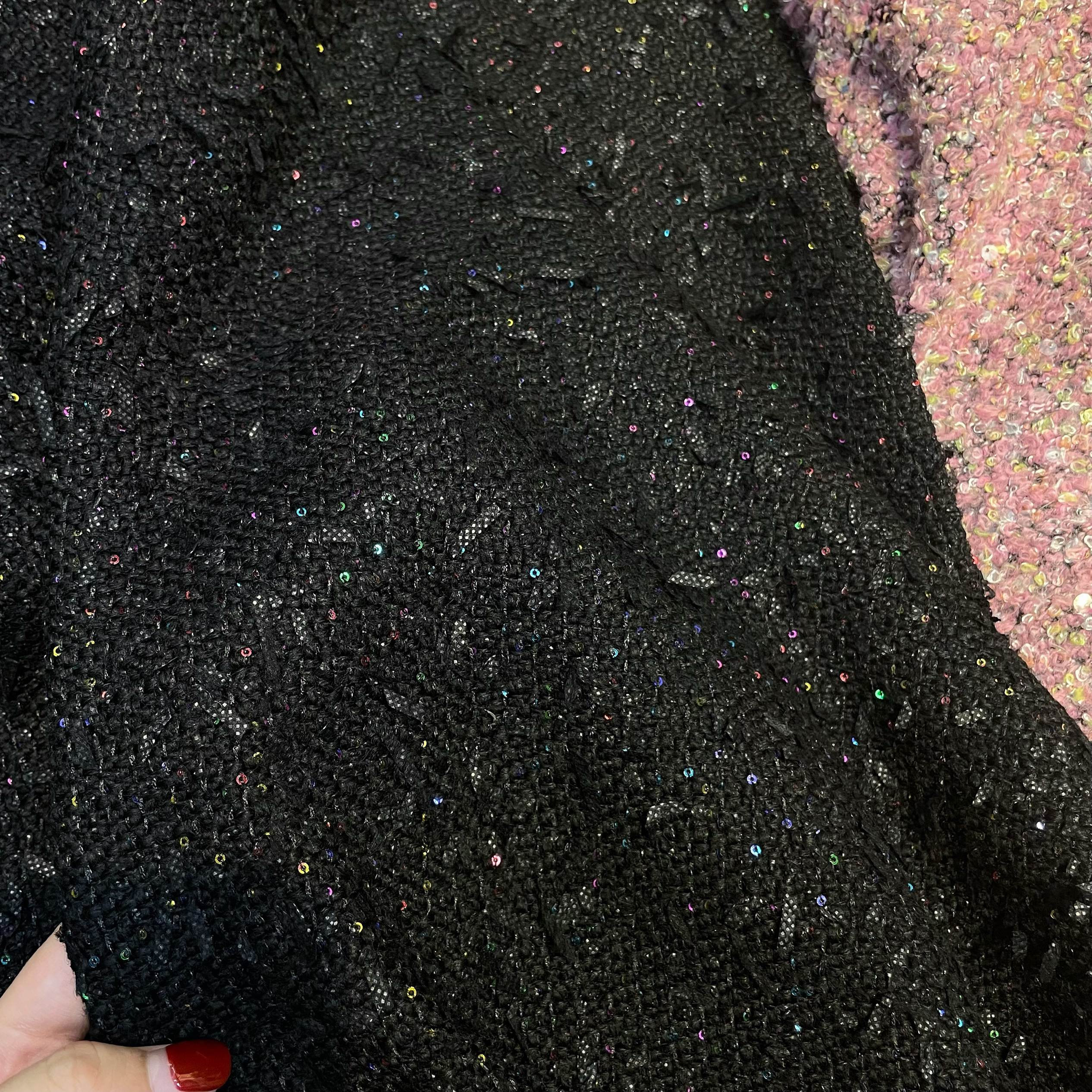 小香风布料 大牌同款 黑色羊毛羽毛 珠片 编织混纺粗花呢服装面料