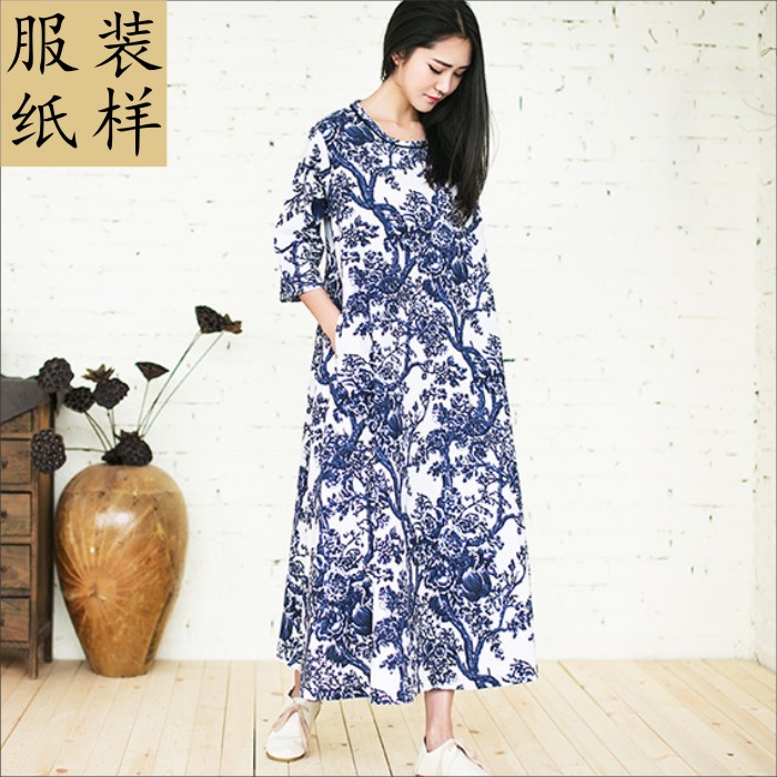 服纸样裁剪图新女中式圆领宽松型袍子长裙纸样1比1缝纫牛皮纸板