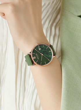聚利时新款韩国时尚拼接日历真皮防水石英ins风学生绿色小众手表