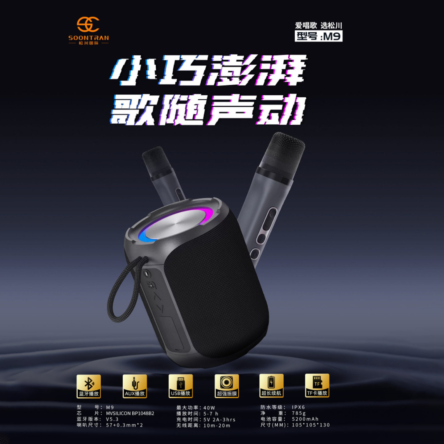 小体积重低音双U段话筒深度防水户外唱歌广场舞大音量蓝牙插卡U盘