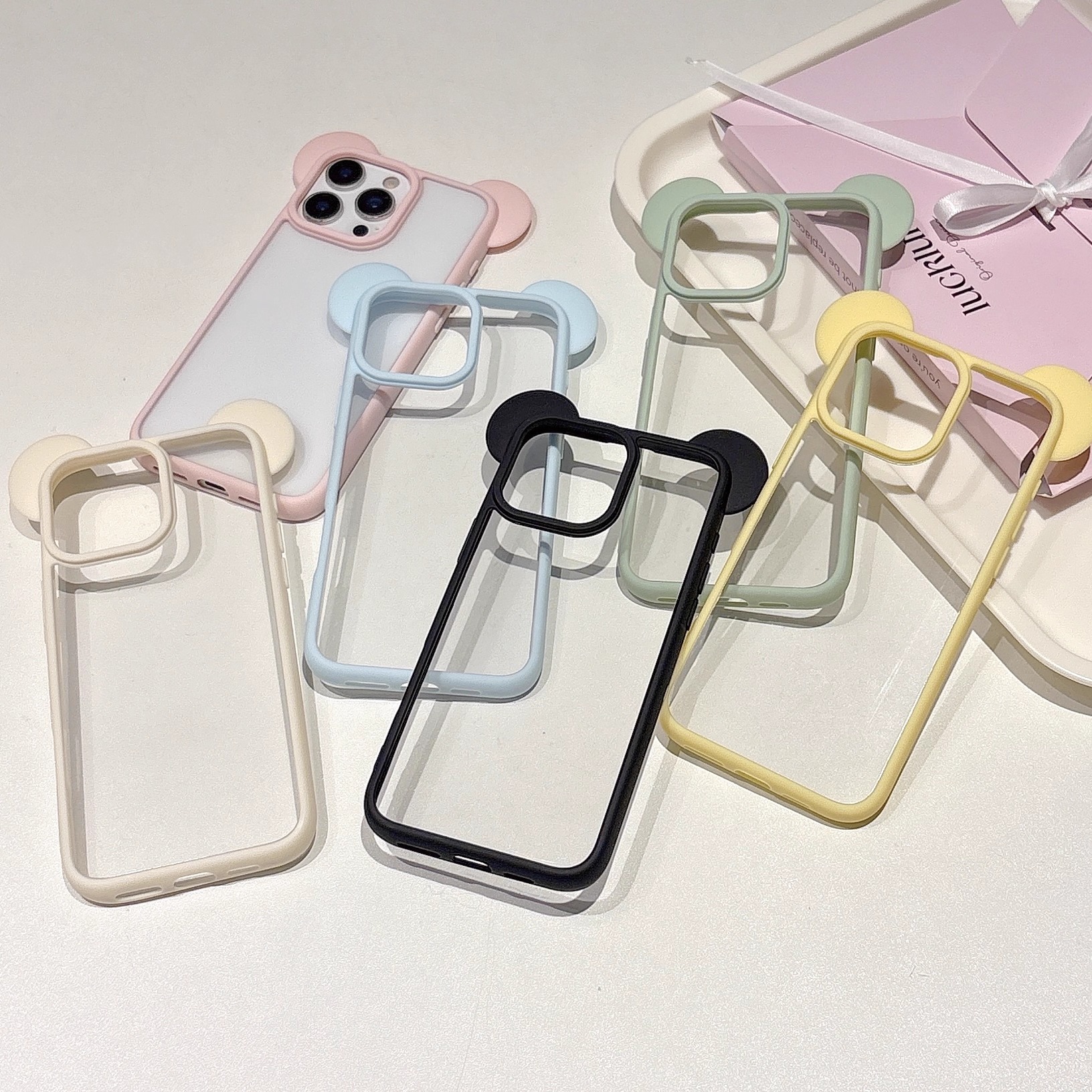 可爱立体耳朵透明凹槽适用iPhone16Promax苹果15Pro手机壳13/14凹槽滴胶diy亚克力12por硅胶防摔彩色边框