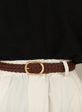 BluebluesSky小众设计复古编织植鞣牛皮腰带百搭文艺做旧圆扣腰封