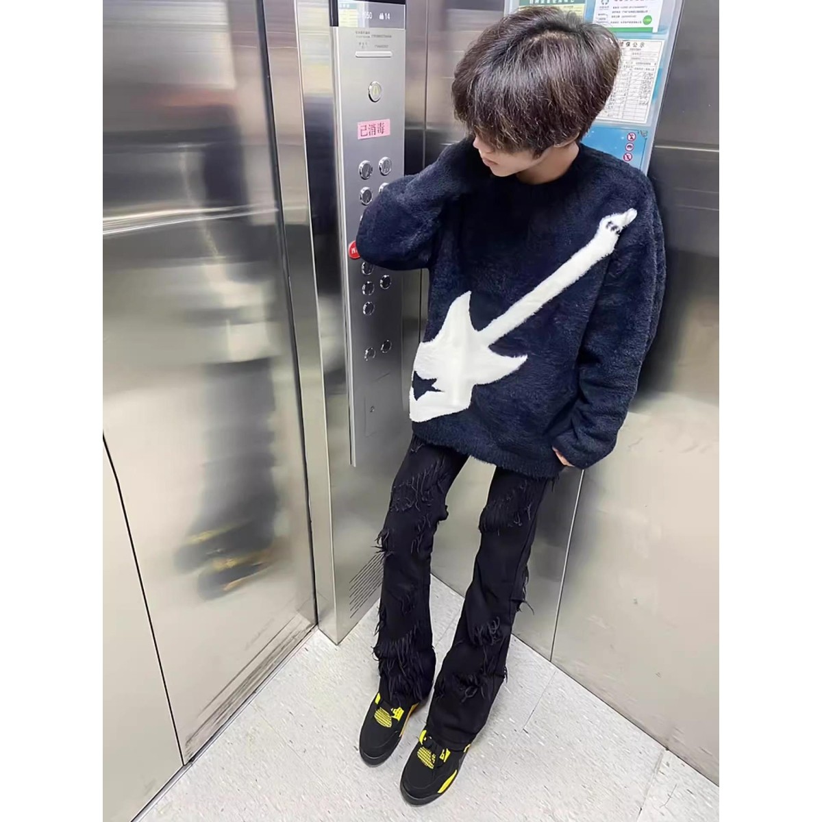 美式慵懒风电吉他圆领毛衣男女同款秋冬季2025新款潮牌针织衫上衣