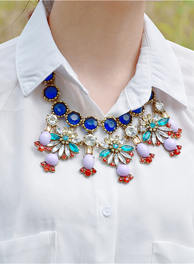 大花朵蓝宝石短款欧美夸张毛衣链