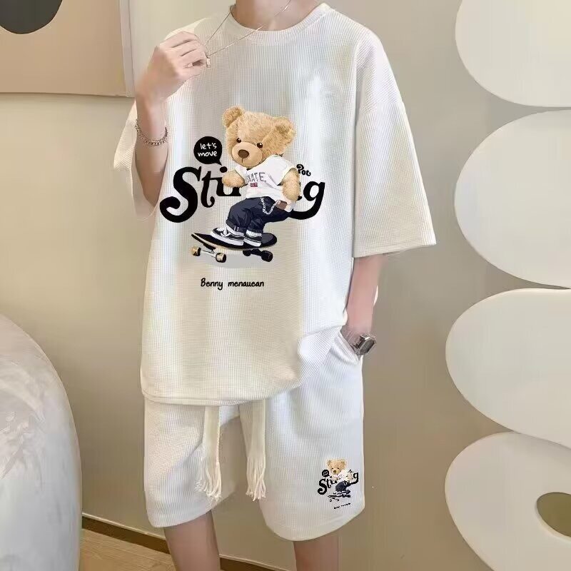 秋季2026男装卡通印花潮流百搭短袖短裤休闲青少年宽松运动套装潮