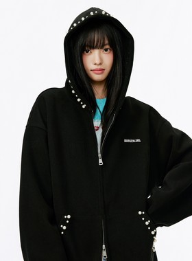 钉珠珍珠卫衣外套男女秋季美式黑色宽松拉链休闲潮流连帽开衫上衣