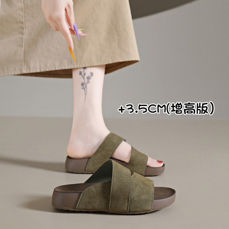 厚底勃肯拖鞋女秋季休闲懒人交叉绒面海边度假风百搭沙滩一字凉鞋