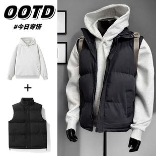 秋冬季叠穿两件套背心棉服帽衫套头卫衣加厚保暖马甲男款无袖外套