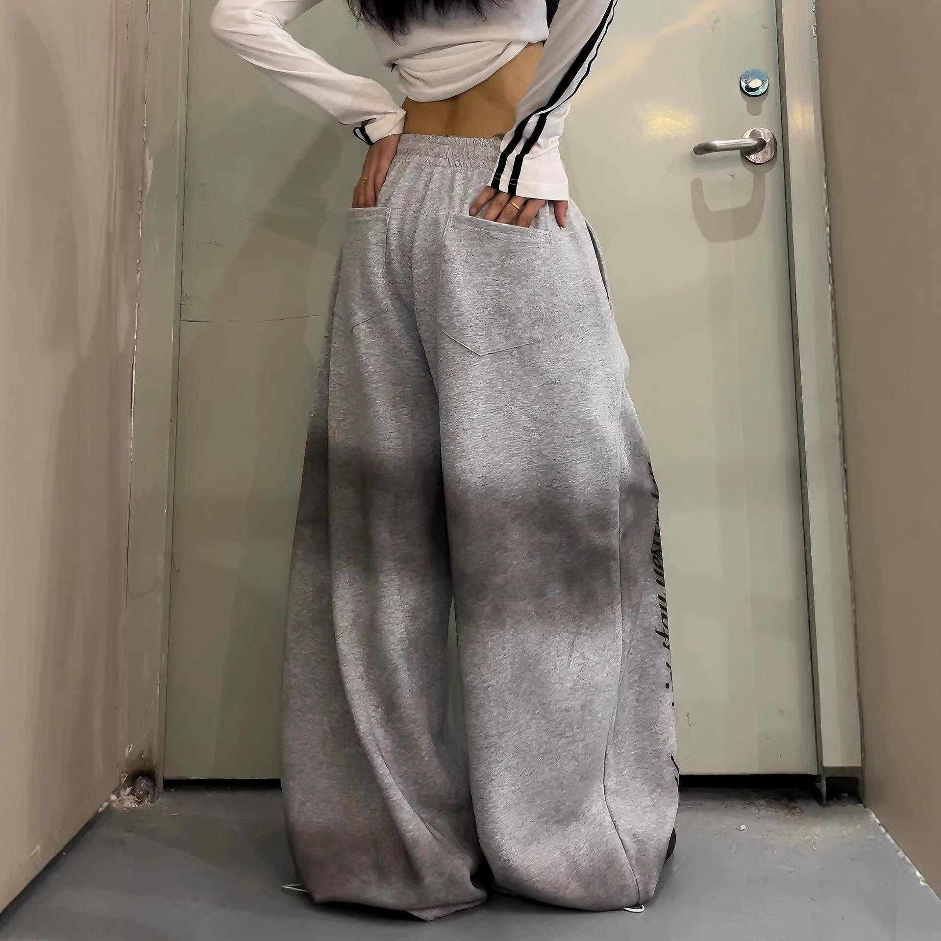 美式高街脏染十字架字母印花阔腿弯刀卫裤男女款爵士舞垂感休闲裤