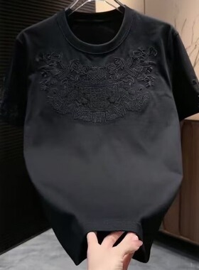 轻奢风黑色短袖T恤男士秋季新款时尚圆领套头潮牌时尚百搭上衣潮