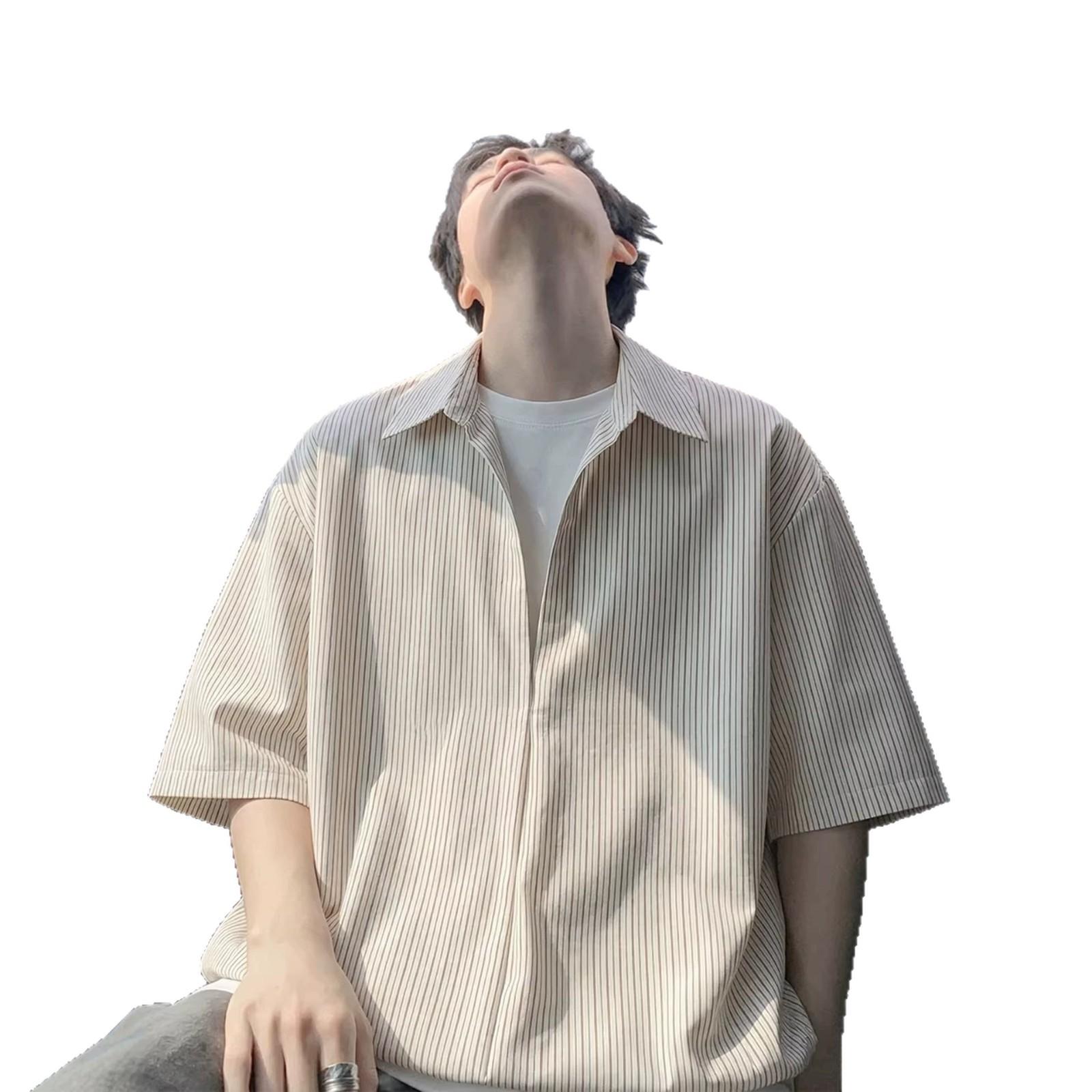 cleanfit蓝色假两件条纹短袖衬衫男款秋季潮牌高级感V领衬衣半袖
