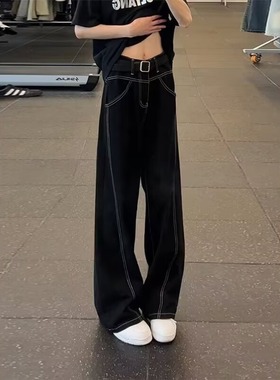 黑色弯刀牛仔裤男款高腰明线斜切裤子美式高街潮牌痞帅炸街微喇裤